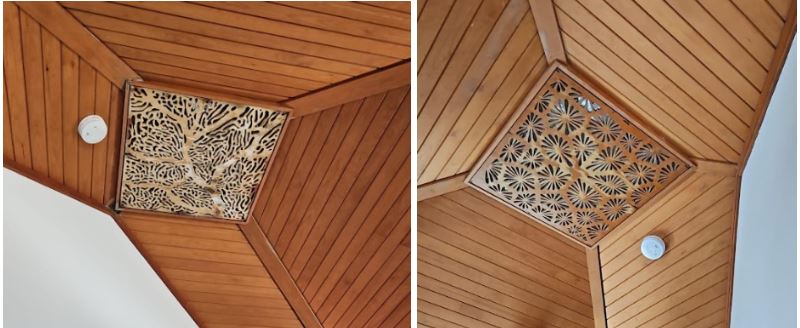 Figs 3 & 4: Photos of the ceiling showing coral patterns used.